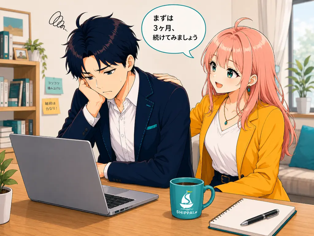 アクセス数が伸びず落ち込むまなぶと、続けることを励ますみらいのイラスト
