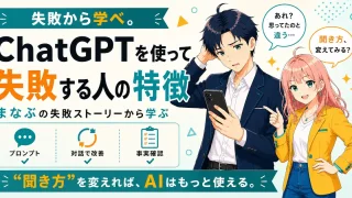 ChatGPTを使って失敗する人の特徴を紹介するSHIPPAI.JPの記事アイキャッチ。まなぶとみらいのイラスト付き