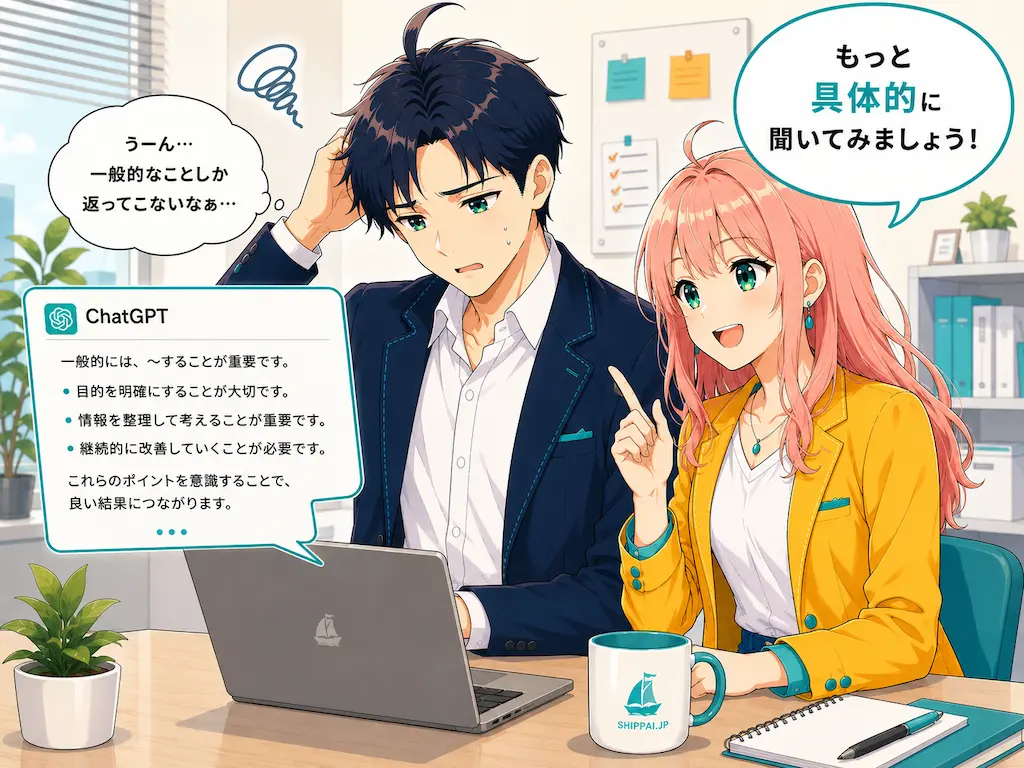 パソコン画面のChatGPTの当たり障りない回答を見て困り顔のまなぶと、具体的な聞き方を提案するみらいのイラスト