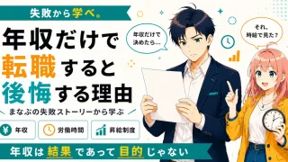 年収だけで転職すると後悔する理由を紹介するSHIPPAI.JPの記事アイキャッチ。まなぶとみらいのイラスト付き