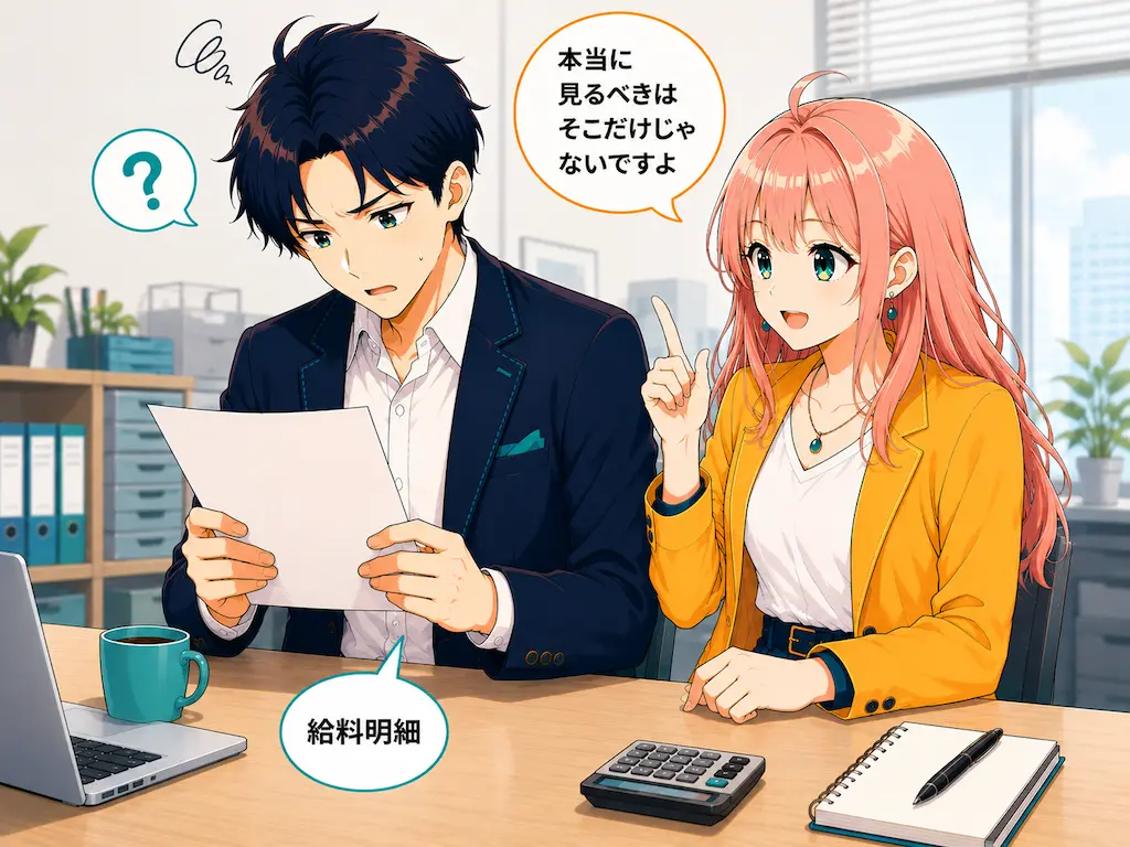 給与明細を見て戸惑うまなぶと、年収以外の確認ポイントを教えるみらいのイラスト