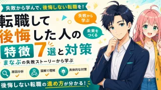 転職して後悔した人の特徴7選と対策を紹介するSHIPPAI.jpの記事アイキャッチ。まなぶとみらいのイラスト付き