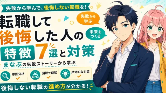転職して後悔した人の特徴7選と対策を紹介するSHIPPAI.jpの記事アイキャッチ。まなぶとみらいのイラスト付き