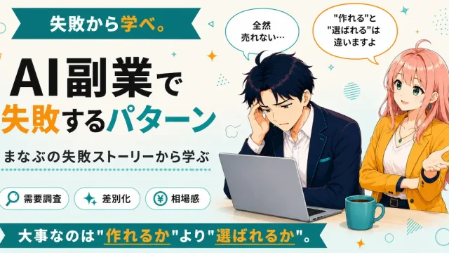 AI副業で失敗するパターンを紹介するSHIPPAI.JPの記事アイキャッチ。まなぶとみらいのイラスト付き