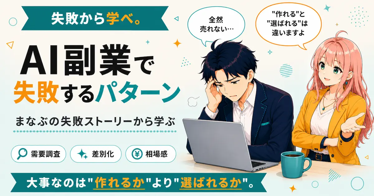AI副業で失敗するパターンを紹介するSHIPPAI.JPの記事アイキャッチ。まなぶとみらいのイラスト付き
