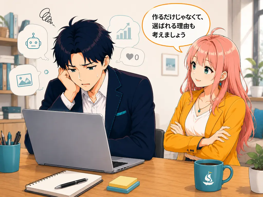 AIで作った出品物の反応が少なく困惑するまなぶと、選ばれる理由を考えるよう伝えるみらいのイラスト