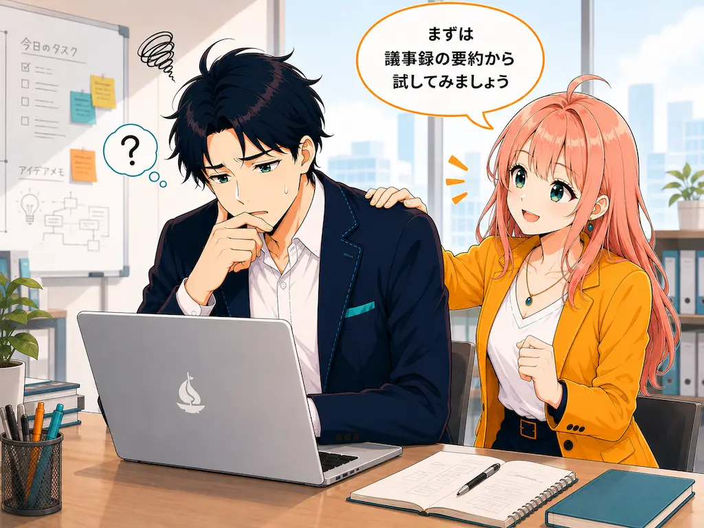 Copilotの使い方が分からず困惑するまなぶと、肩を叩いて励ますみらいのイラスト