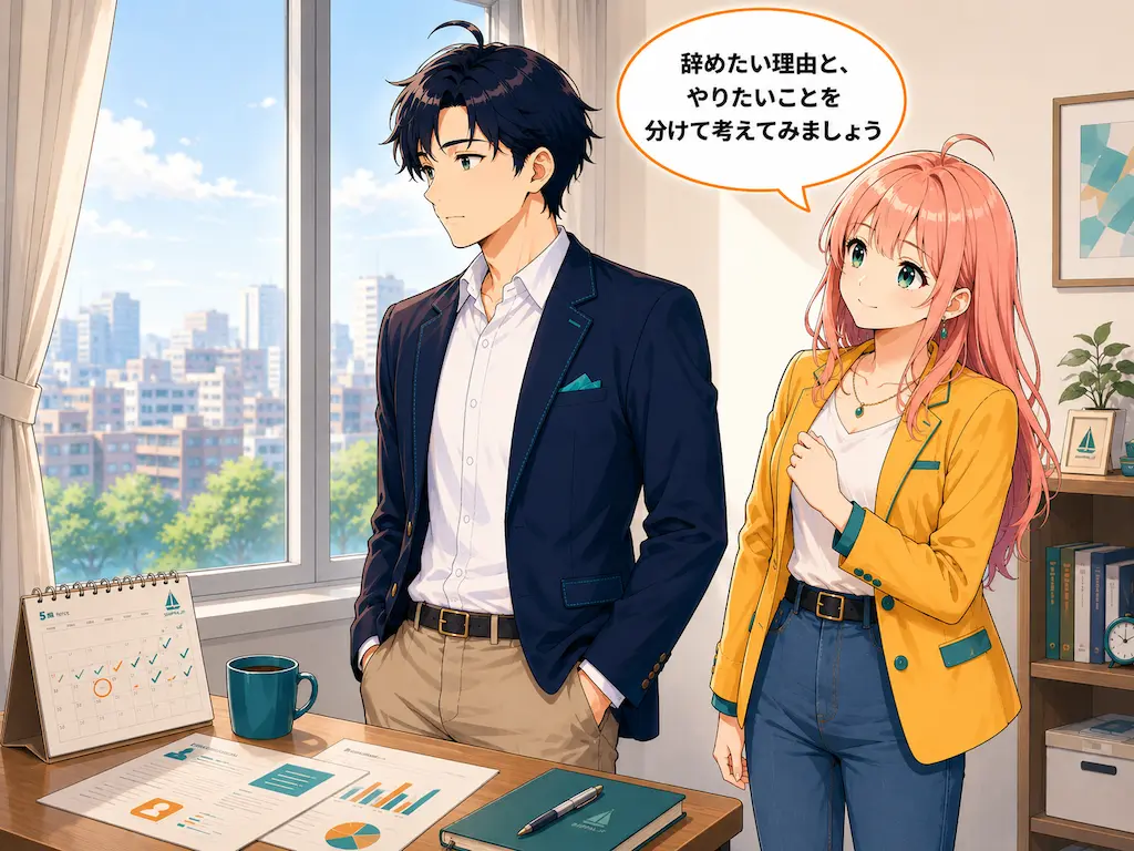 窓の外を見つめ複雑な表情のまなぶと、そっと寄り添い声をかけるみらいのイラスト