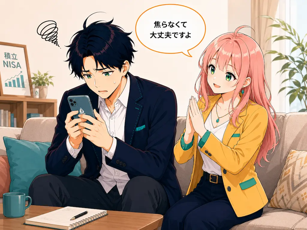 スマホの値動き画面を見て不安げなまなぶと、落ち着かせるように声をかけるみらいのイラスト