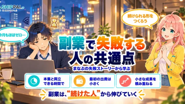 転職して後悔した人の特徴7選を紹介するSHIPPAI.JPの記事アイキャッチ。まなぶとみらいのイラスト付き