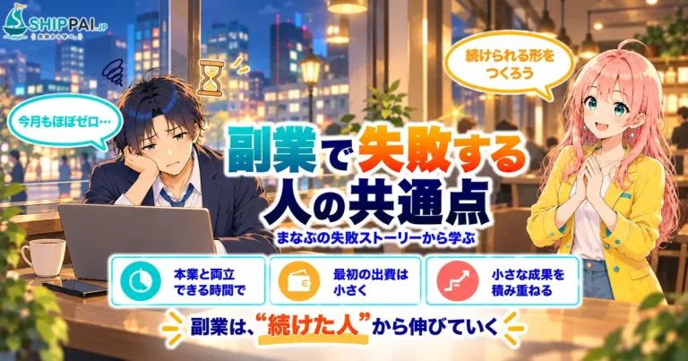 転職して後悔した人の特徴7選を紹介するSHIPPAI.JPの記事アイキャッチ。まなぶとみらいのイラスト付き
