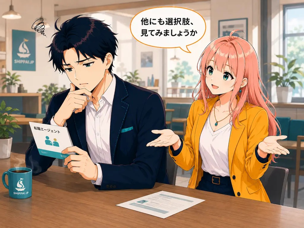 1社だけの名刺を手に物思いにふけるまなぶと、他の選択肢を提案するみらいのイラスト