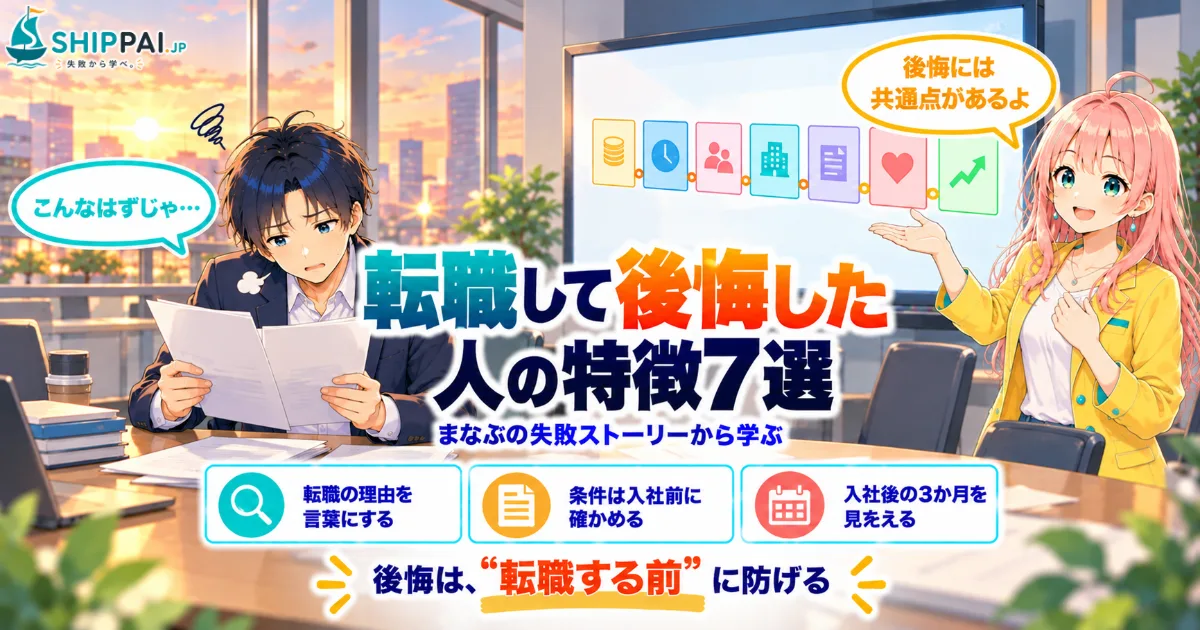 転職して後悔した人の特徴7選を紹介するSHIPPAI.JPの記事アイキャッチ。まなぶとみらいのイラスト付き