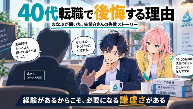 40代転職で後悔する理由を紹介するSHIPPAI.JPの記事アイキャッチ。相談相手の話に耳を傾けるまなぶのイラスト付き