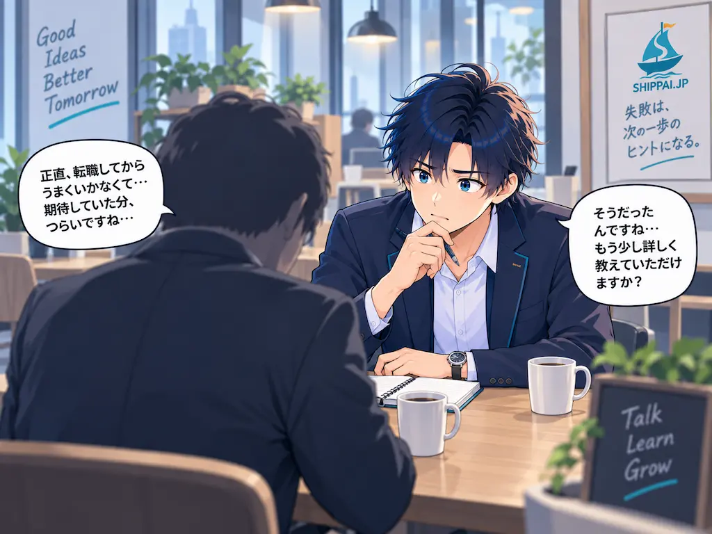 相談相手の話に真剣に耳を傾けるまなぶと、うつむくシルエットの相談相手。40代転職の後悔を表すイラスト