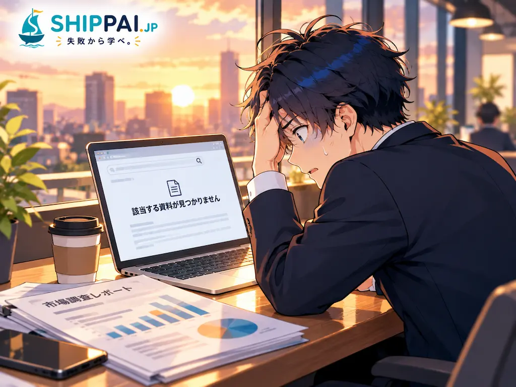 夕日が差し込む休憩スペースで、AIが答えた調査資料が見つからず、ぼうぜんとPC画面を見つめるまなぶのイラスト
