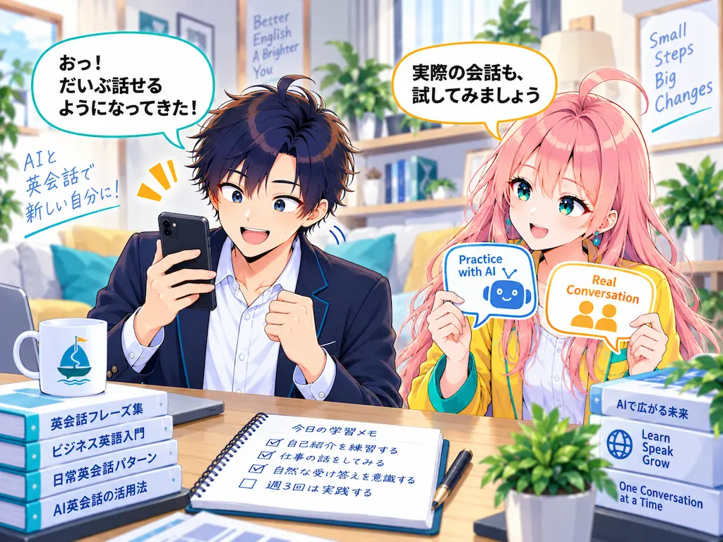 AI英会話アプリに満足するまなぶと、実践練習を提案するみらいのイラスト