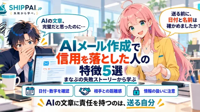 AIメール作成で信用を落とした人の特徴5選を紹介するSHIPPAI.JPの記事アイキャッチ。まなぶとみらいのイラスト付き