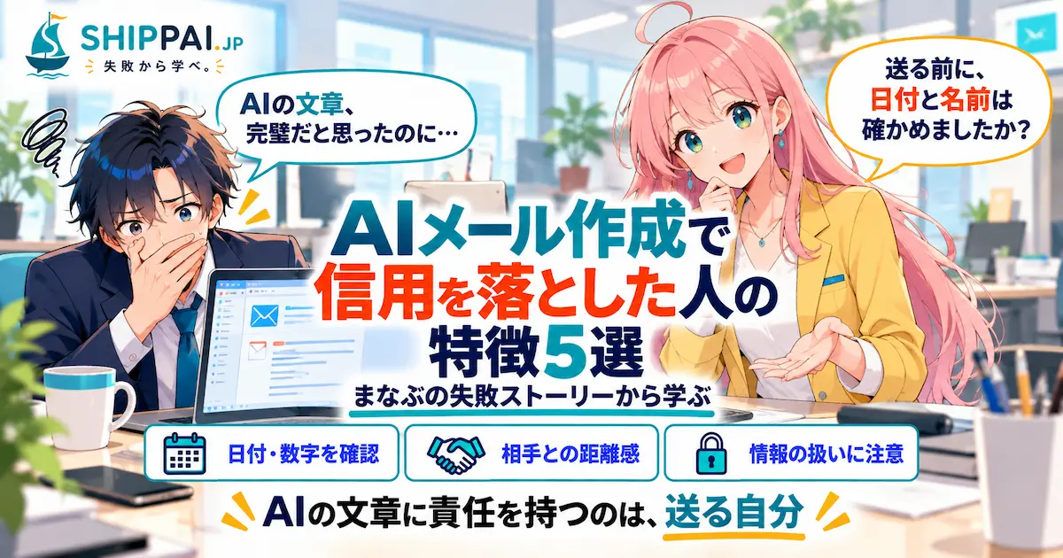 AIメール作成で信用を落とした人の特徴5選を紹介するSHIPPAI.JPの記事アイキャッチ。まなぶとみらいのイラスト付き
