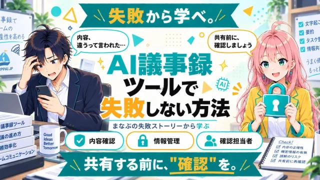 AI議事録ツールで失敗しない方法を紹介するSHIPPAI.JPの記事アイキャッチ。まなぶとみらいのイラスト付き