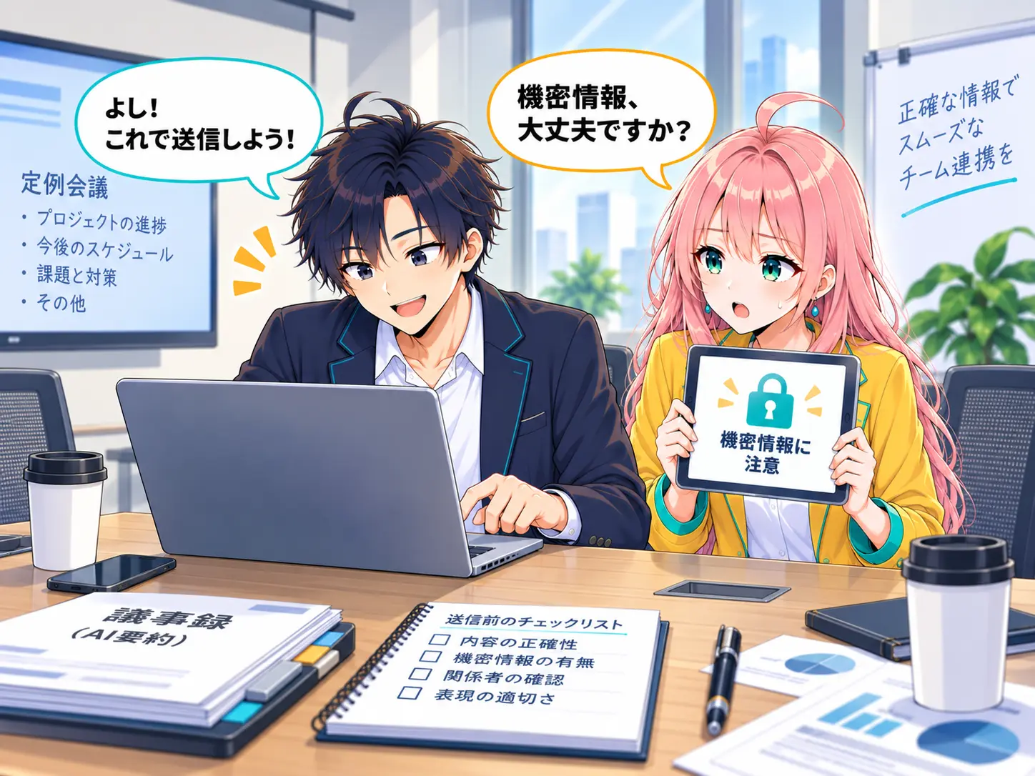 軽い気持ちで送信しようとするまなぶと、鍵のアイコンを見せながら問いかけるみらいのイラスト