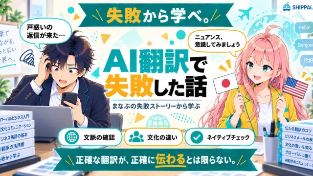 AI翻訳で失敗した話を紹介するSHIPPAI.JPの記事アイキャッチ。まなぶとみらいのイラスト付き