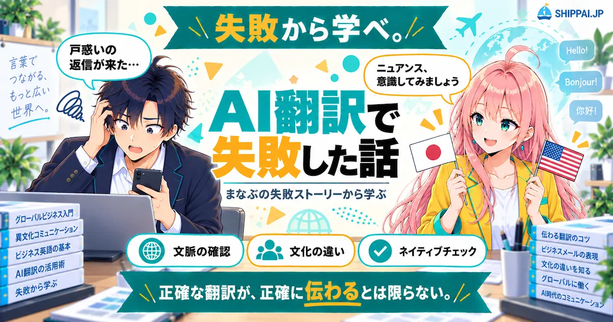 AI翻訳で失敗した話を紹介するSHIPPAI.JPの記事アイキャッチ。まなぶとみらいのイラスト付き