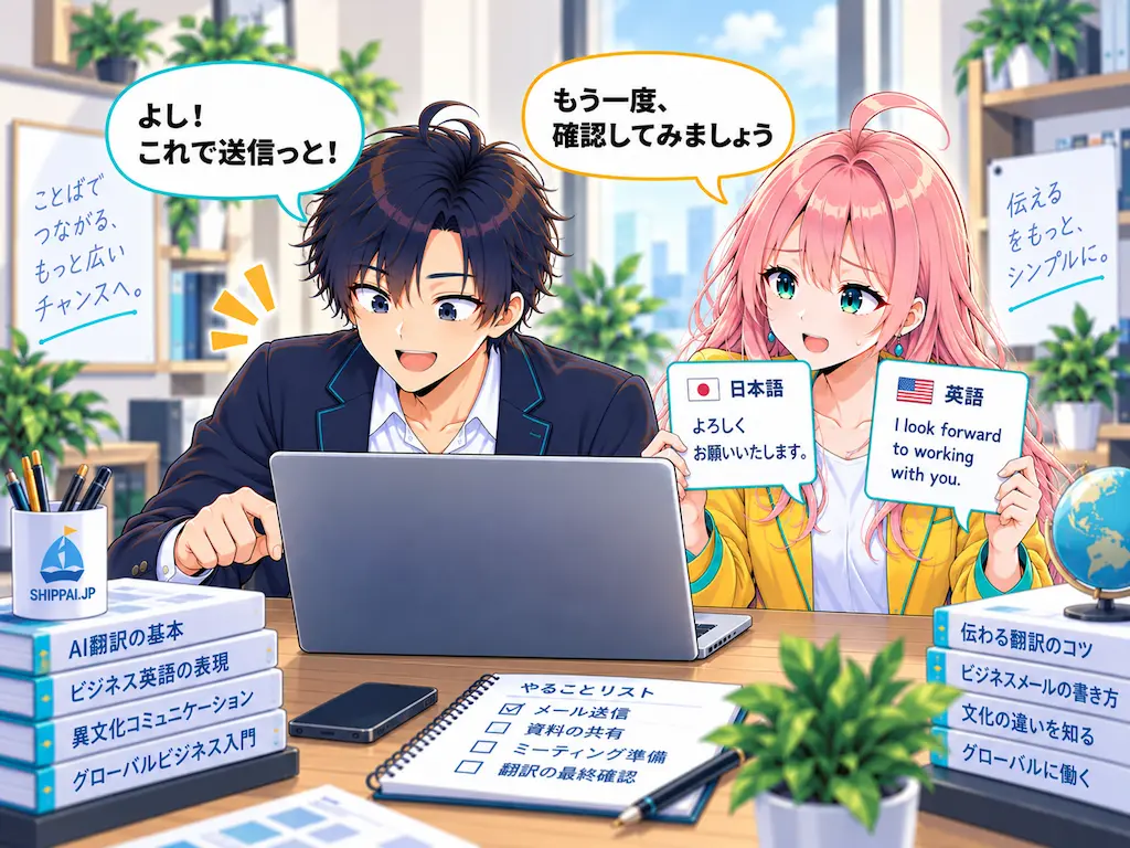 軽い気持ちで送信しようとするまなぶと、吹き出しを見比べながら確認を提案するみらいのイラスト