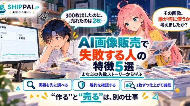 AI画像販売で失敗する人の特徴5選を紹介するSHIPPAI.JPの記事アイキャッチ。まなぶとみらいのイラスト付き
