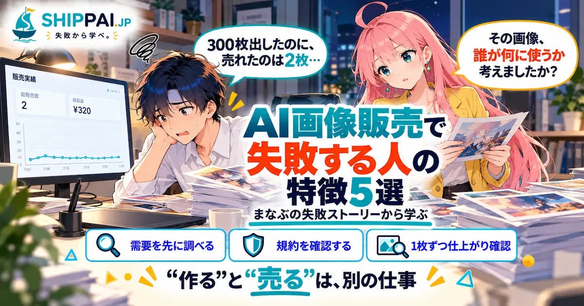 AI画像販売で失敗する人の特徴5選を紹介するSHIPPAI.JPの記事アイキャッチ。まなぶとみらいのイラスト付き