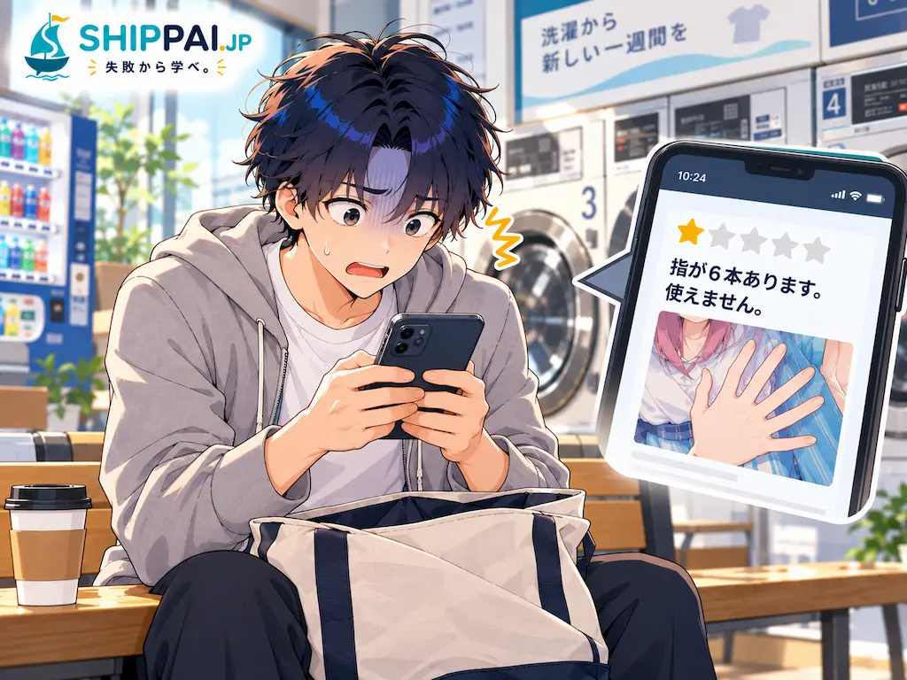 休日のコインランドリーで、AIイラストに星1つのレビューがついたことに気づき、スマホを見て固まるまなぶのイラスト