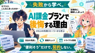 AI課金プランで後悔する理由を紹介するSHIPPAI.JPの記事アイキャッチ。まなぶとみらいのイラスト付き