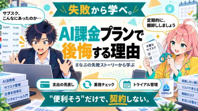 AI課金プランで後悔する理由を紹介するSHIPPAI.JPの記事アイキャッチ。まなぶとみらいのイラスト付き