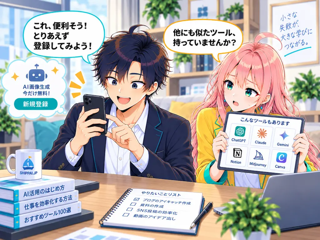 軽い気持ちで新規登録するまなぶと、重複を指摘するみらいのイラスト
