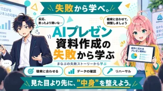 AIプレゼン資料作成の失敗から学ぶ内容を紹介するSHIPPAI.JPの記事アイキャッチ。まなぶとみらいのイラスト付き