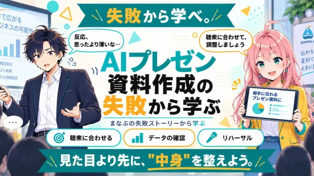 AIプレゼン資料作成の失敗から学ぶ内容を紹介するSHIPPAI.JPの記事アイキャッチ。まなぶとみらいのイラスト付き