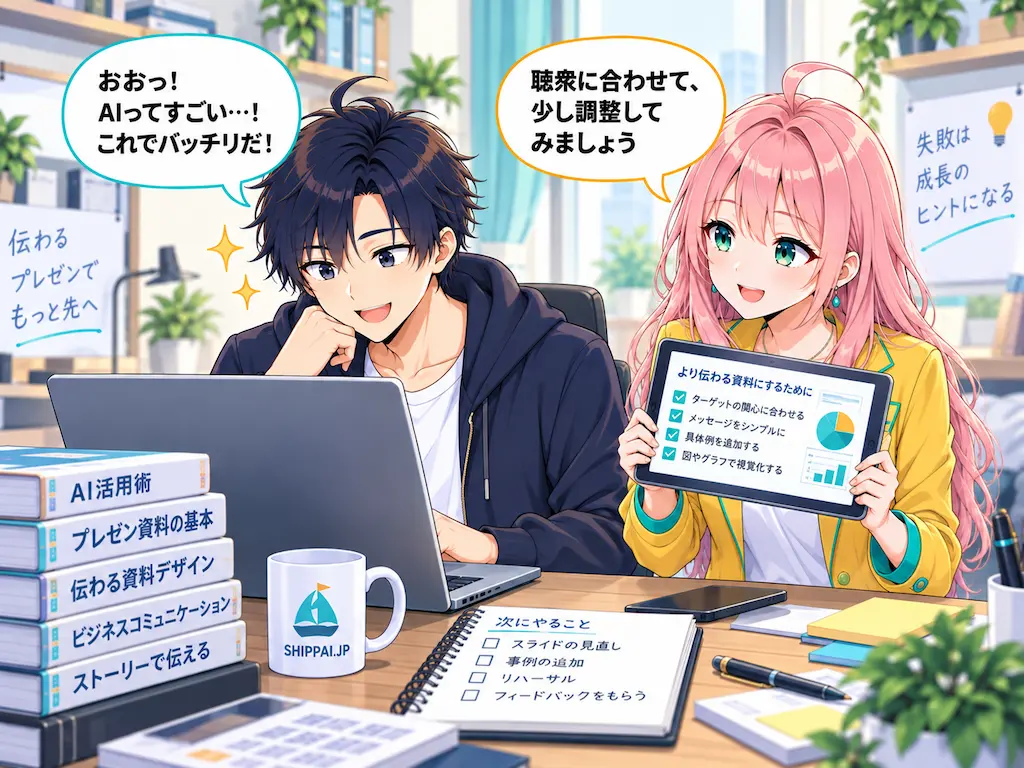 AI資料に満足するまなぶと、タブレットを見せながら調整を提案するみらいのイラスト