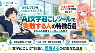 AI文字起こしツールで失敗する人の特徴5選を紹介するSHIPPAI.JPの記事アイキャッチ。まなぶとみらいのイラスト付き