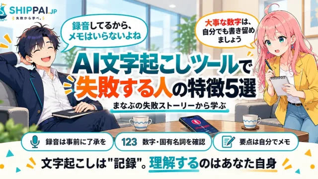 AI文字起こしツールで失敗する人の特徴5選を紹介するSHIPPAI.JPの記事アイキャッチ。まなぶとみらいのイラスト付き