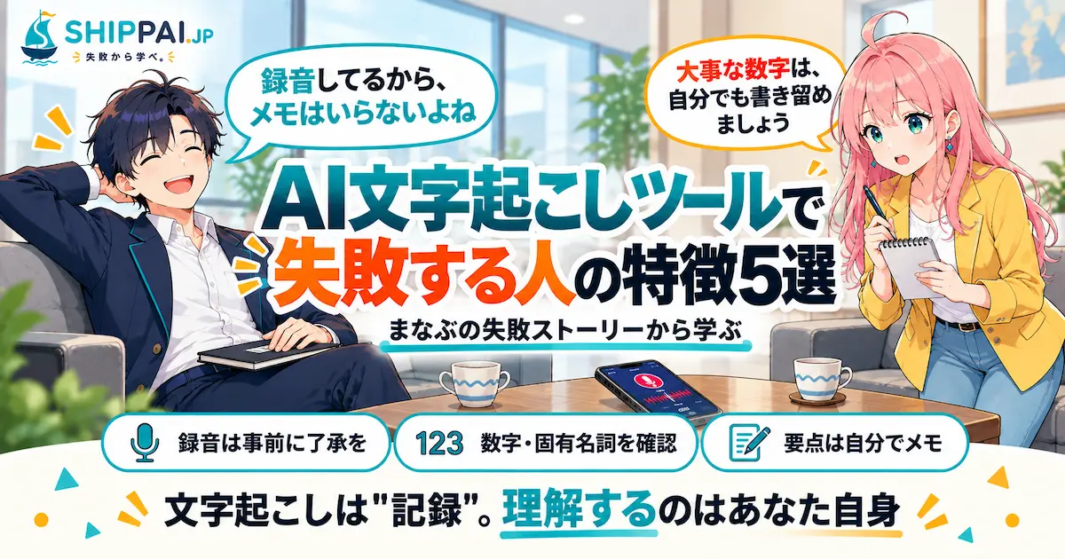 AI文字起こしツールで失敗する人の特徴5選を紹介するSHIPPAI.JPの記事アイキャッチ。まなぶとみらいのイラスト付き