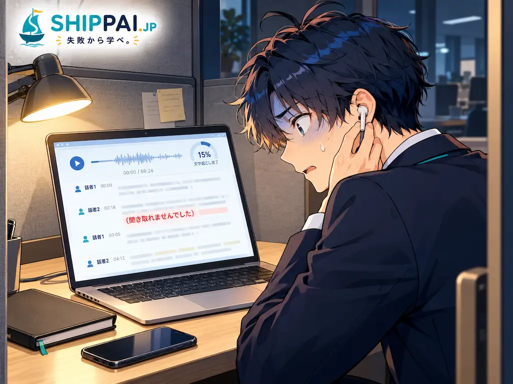 夜のオフィスの集中ブースで、文字起こしの「聞き取れませんでした」の箇所に気づき青ざめるまなぶのイラスト