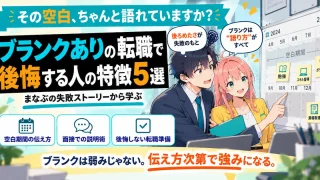 ブランクありの転職で後悔する人の特徴5選を紹介するSHIPPAI.JPの記事アイキャッチ。まなぶとみらいのイラスト付き