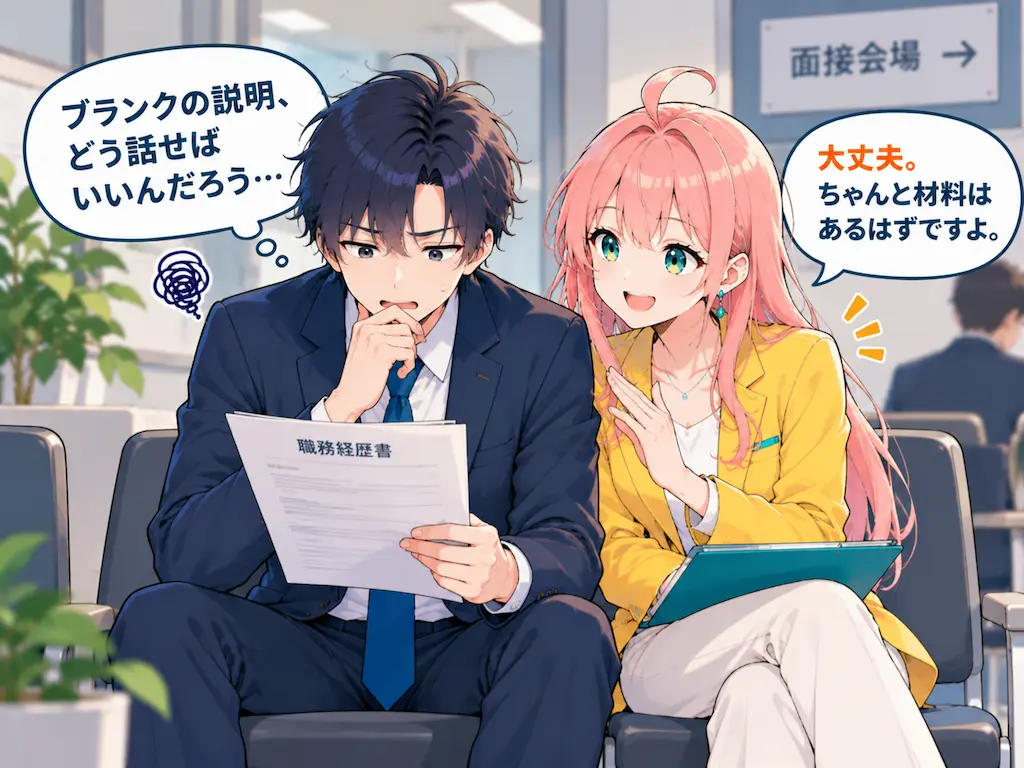 面接の待合室で職務経歴書を見つめ不安げなまなぶと、隣で励ますみらいのイラスト