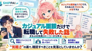 カジュアル面談だけで転職して失敗した話を紹介するSHIPPAI.JPの記事アイキャッチ。まなぶとみらいのイラスト付き