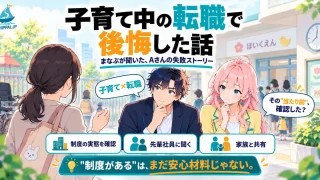 「子育て中の転職で後悔した話」を紹介するSHIPPAI.JPの記事アイキャッチ。朝の保育園の送迎口で、まなぶがAさん(後ろ姿)の相談を聞き、みらいが見守るイラスト