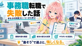 「事務職転職で失敗した話」を紹介するSHIPPAI.JPの記事アイキャッチ。みらいが案内役となって解説し、端にまなぶが困惑気味に立つイラスト(伝票や電卓をモチーフにした背景)