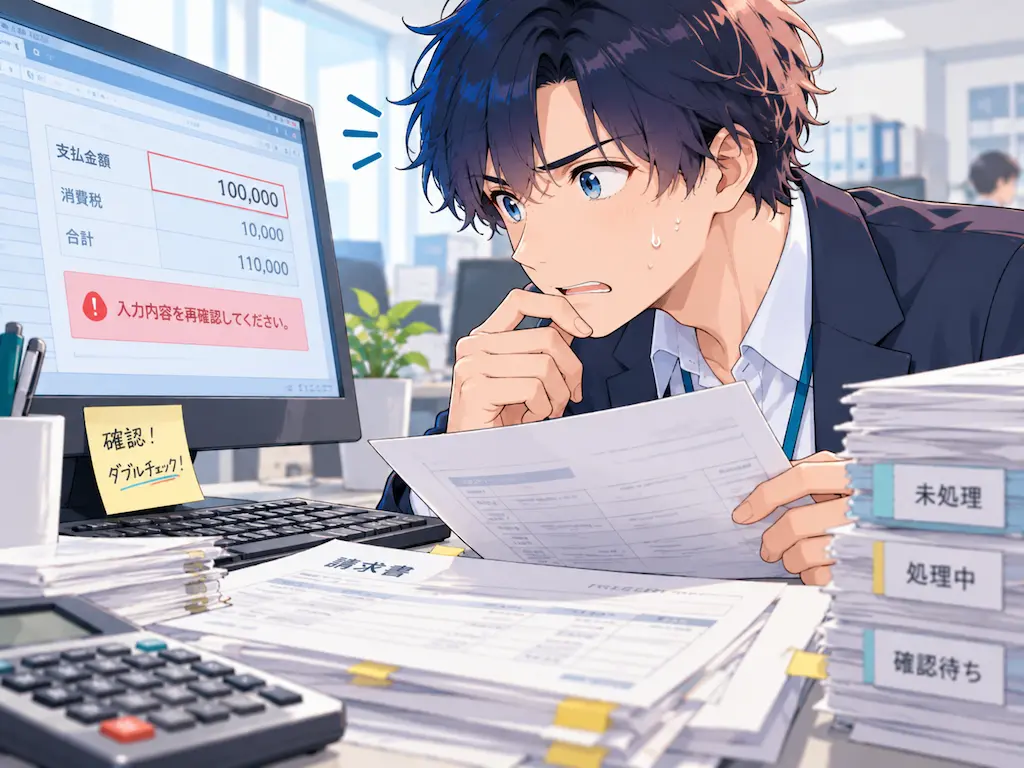 オフィスの経理デスクで、入力した金額をひやっとした表情で見つめ直すまなぶの挿絵