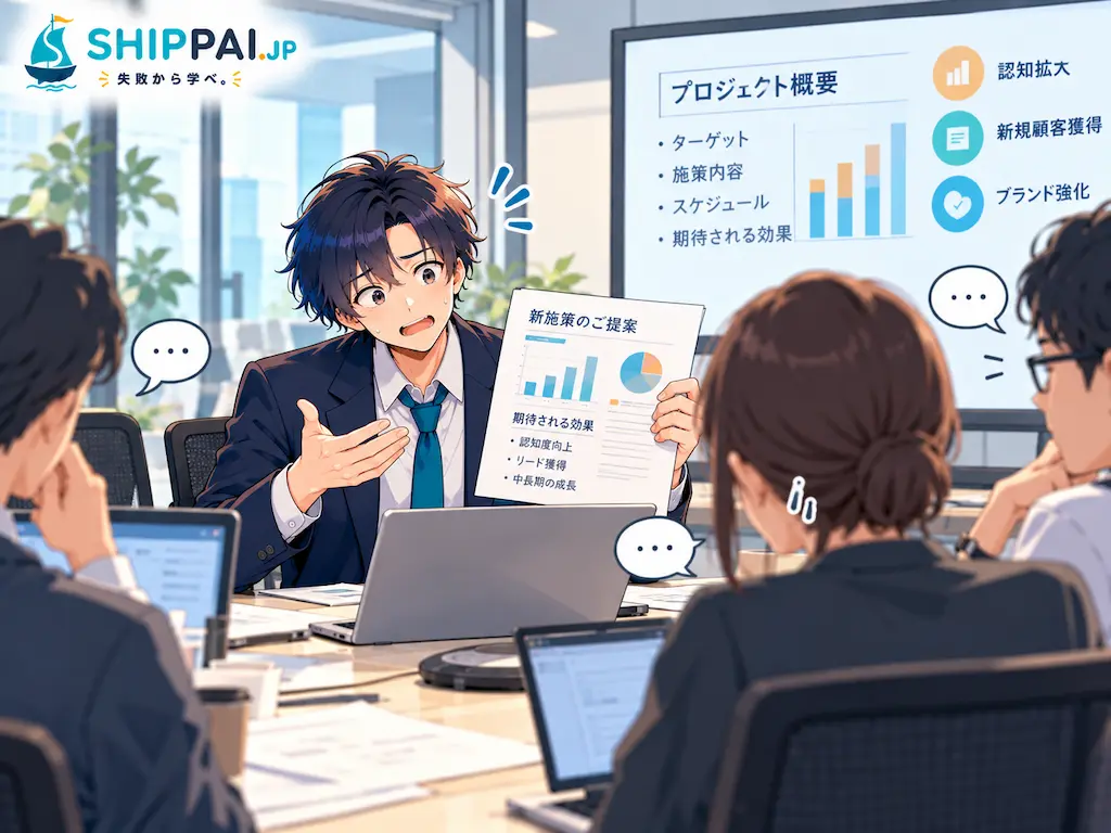 会議室で資料を示すが周囲の反応が薄く、困惑した表情を浮かべるまなぶ。フラットなはずの組織で実感した社風のミスマッチを表すイラスト