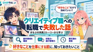 クリエイティブ職への転職で失敗した話を紹介するSHIPPAI.JPの記事アイキャッチ。まなぶとみらいのイラスト付き