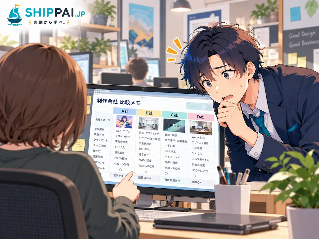 先輩デザイナーの転職前の比較検討メモを見て、驚きと後悔が入り混じった表情を浮かべるまなぶ。クリエイティブ職転職の確認不足を表すイラスト